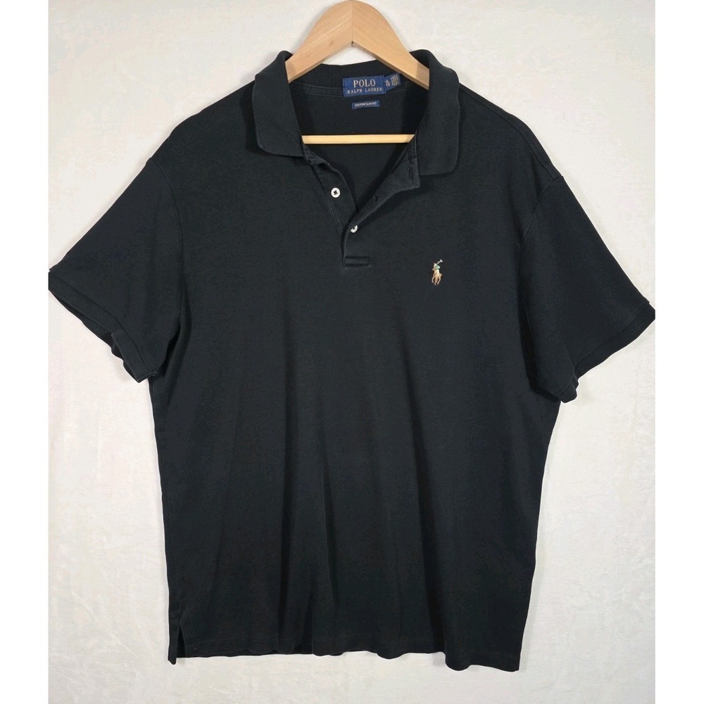 Y2K Polo Ralph Lauren Custom Slim Fit Black Polo Shirt Men's XL Cotton Logo